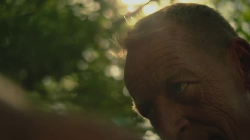 An elderly man is outdoors looking at trees at dusk