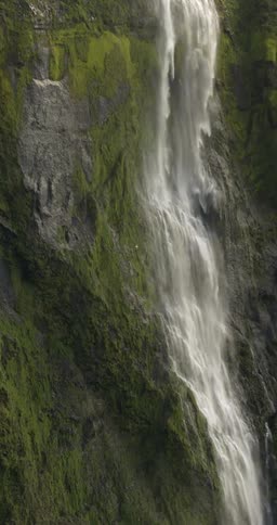 A waterfall gushing over a mossy cliff in nature