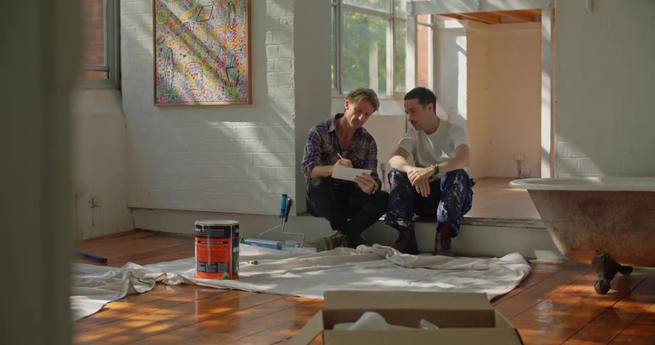A man sitting on the floor of a house writes on a sheet of paper while speaking with a man sitting beside him