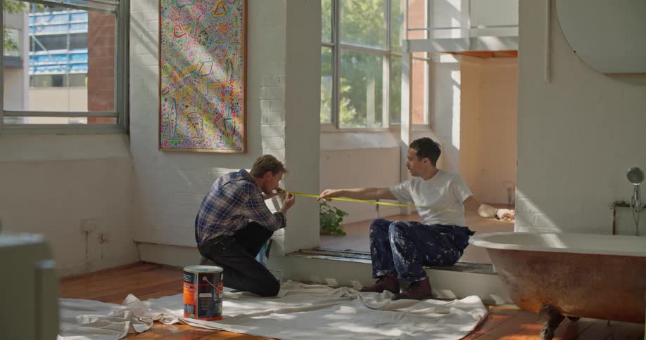 Two men are in a room with drop cloths on the floor and they each hold an end of a tape measure across a doorway