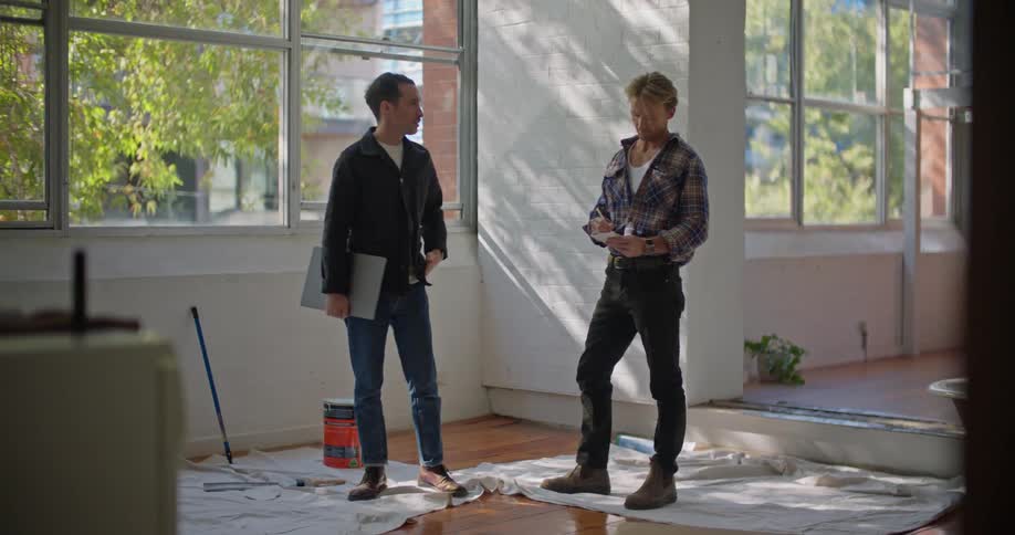 A man leads another man into a room of a building while speaking and gesturing at the contents