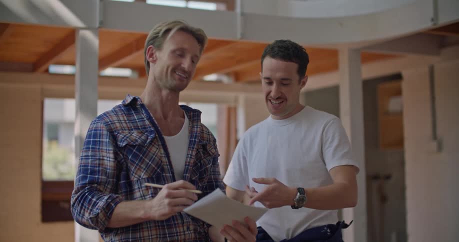 Two men look at papers as they point to items in a new building