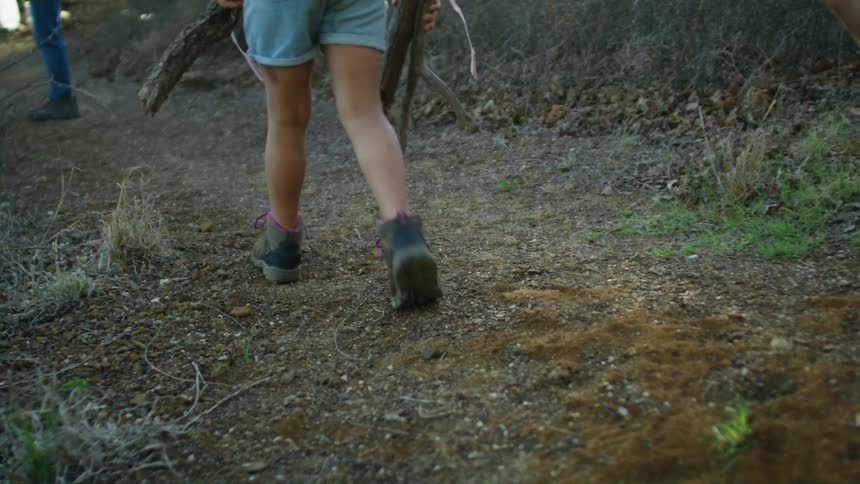 A young girl camping with her family carries firewood