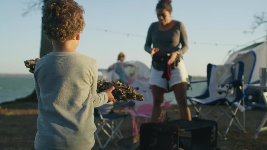 A young boy camping carries a piece of wood to his mother