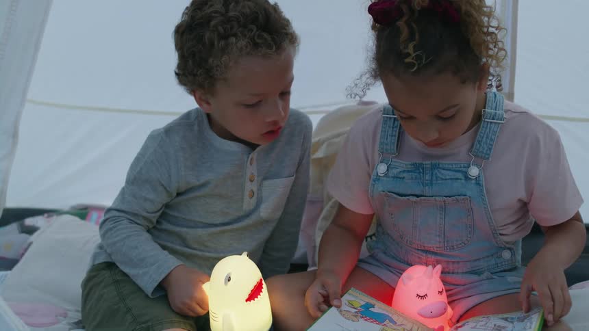 Brother and sister sitting on a tent reading story books holding night lights
