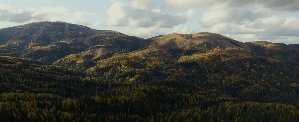 Aerial over a mountain landscape in the fall