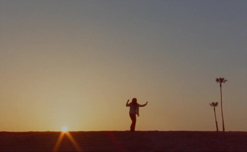 Silhouette of a woman dancing near palm trees as the sun is setting behind her
