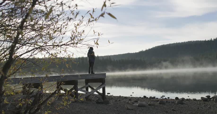 A person walks to the edge of a pier by a lake