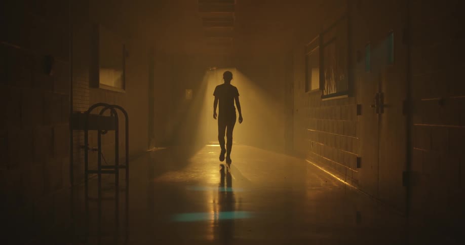 A woman is walking down a dark hall