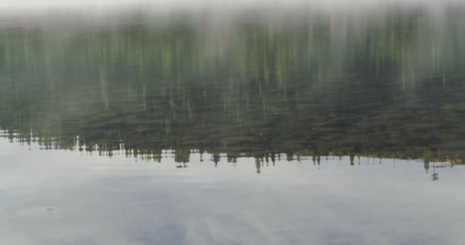The water of a lake is reflective and covered with fog