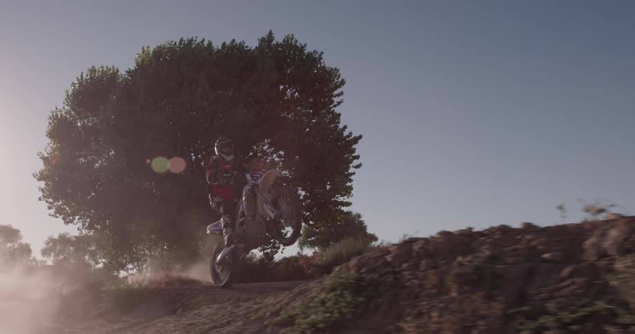 A man pops a wheelie on a dirt bike while kicking up dust