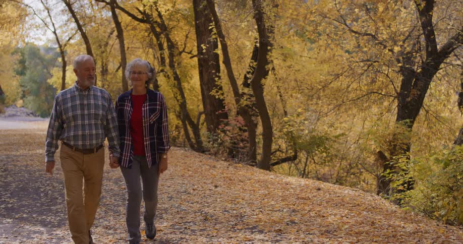 Older couple walks along road through woods strewn with fallen leaves