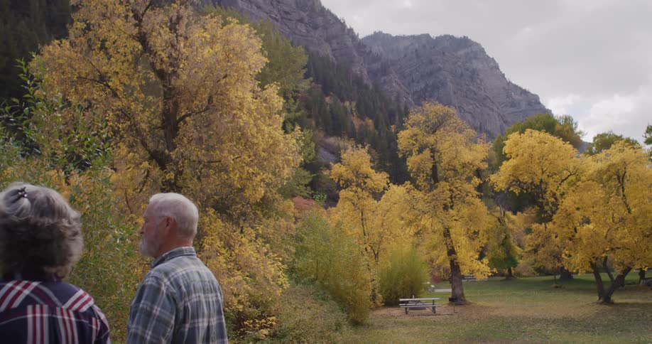 An elderly couple are walking in a forested park with trees in fall colors and mountains in the distance