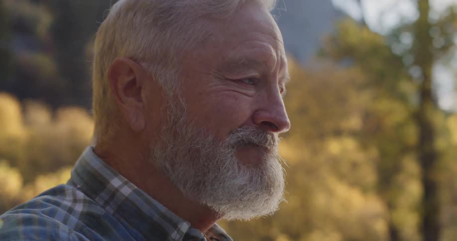 Side portrait of elderly man with beard and blue tartan shirt looking into space in the forest