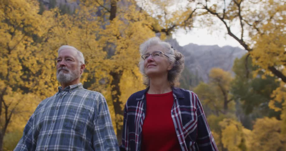 A man and woman are hiking in the forest