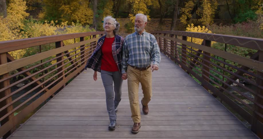 An elderly couple hold hands while walking on a bridge through the woods