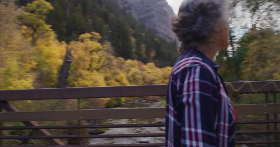 Elderly man and woman hold hands and walk across the forest bridge