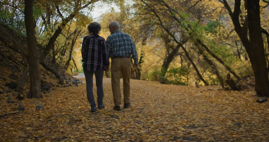 Older couple hold hands and walk along path in woods that is strewn with fallen leaves