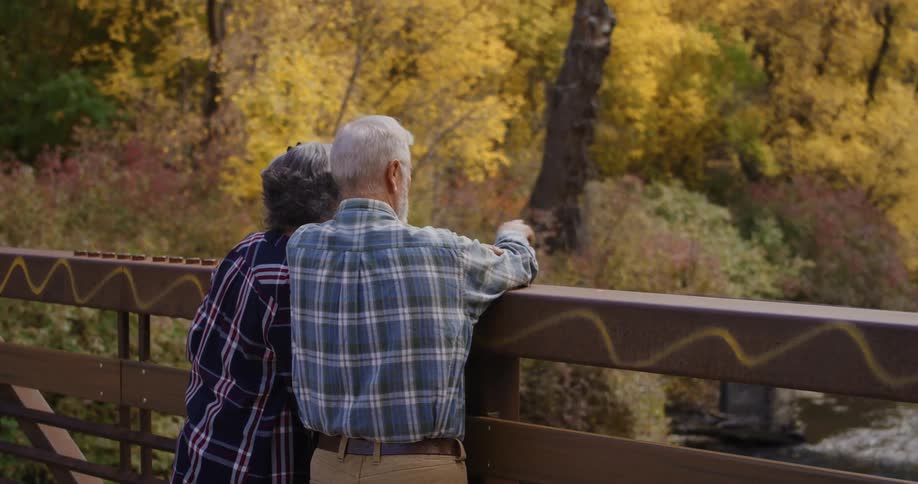 An elderly couple are standing on a footbridge in a forest and looking at the water flowing in the stream