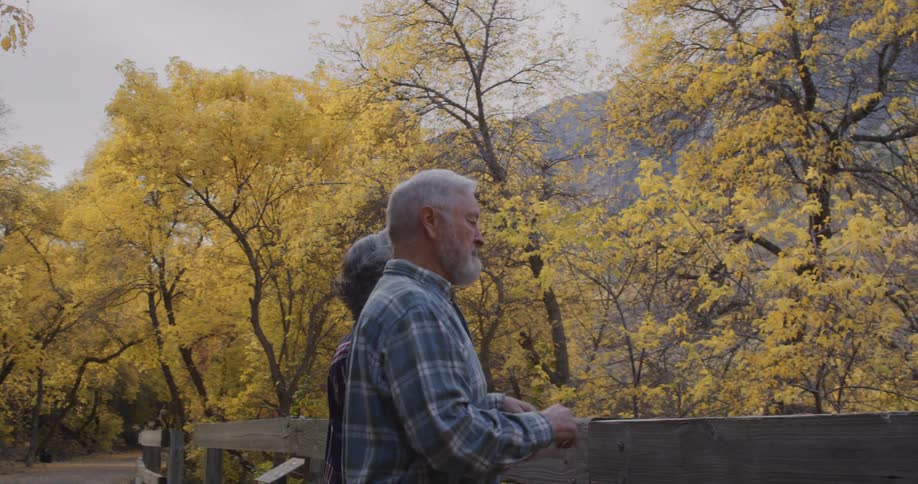 An elderly couple are walking across a footbridge with a forest of trees in bright fall colors behind them and they stop to look at the mountains