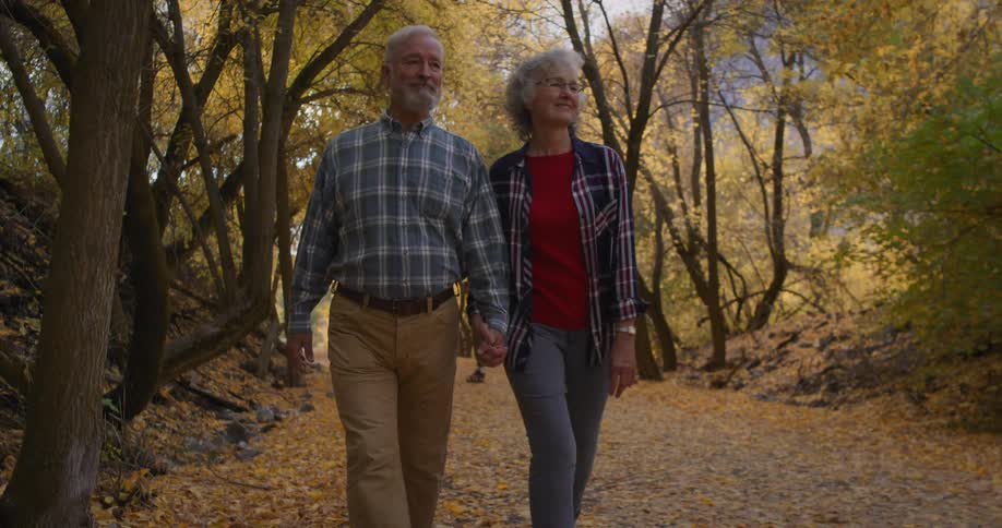An elderly couple are holding hands and walking on a path surrounded by trees in bright fall colors
