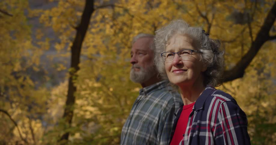 Elderly couple leisurely walking through the trees on a natural park in the mountains
