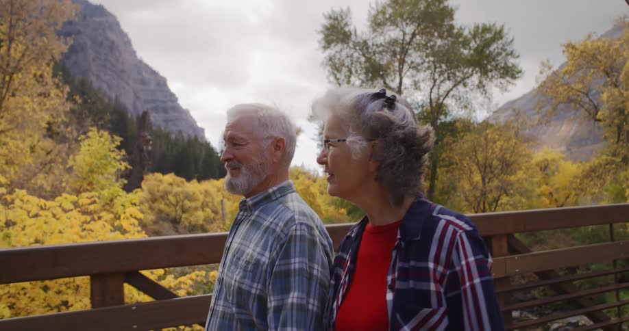 Elderly man and woman with tartan shirts walk across the forest bridge on cloudy day
