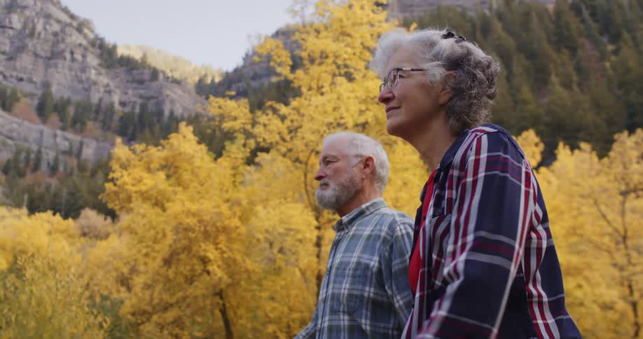 An elderly couple are walking in a forest of trees with leaves in bright fall colors and there are mountains in the distance