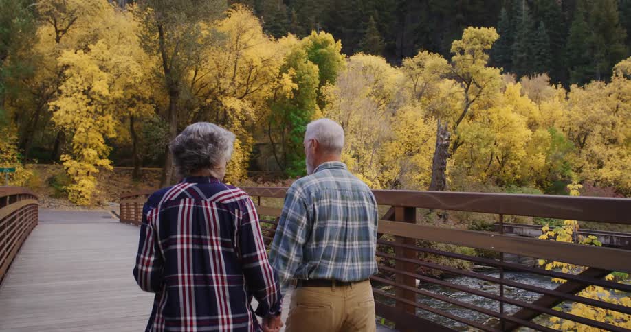 An elderly man and woman hold hands as they walk across a bridge over a river in a forest area