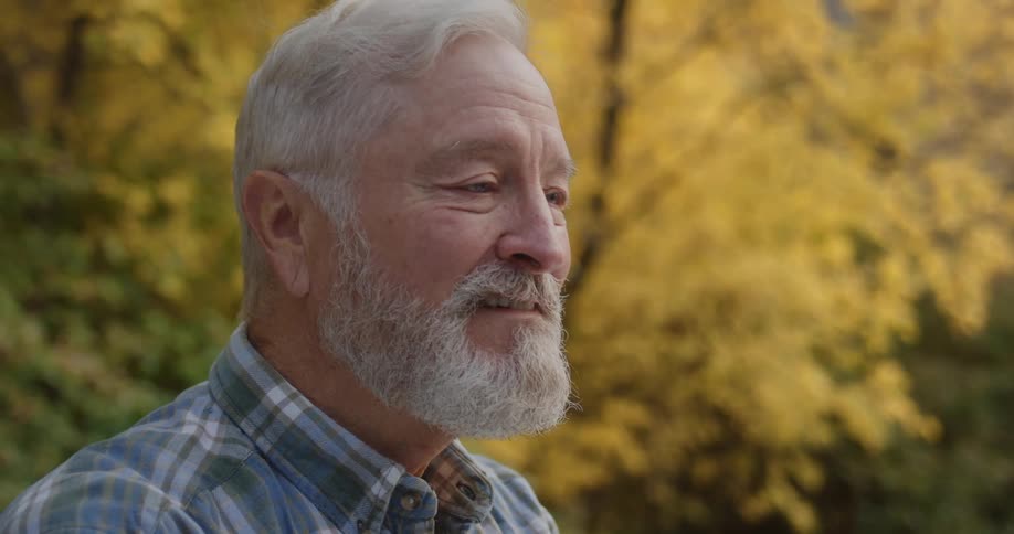Close up of the face of a bearded elderly man in the forest