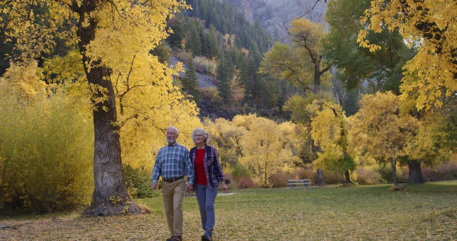 An elderly man and woman walk through a park with trees with yellow leaves