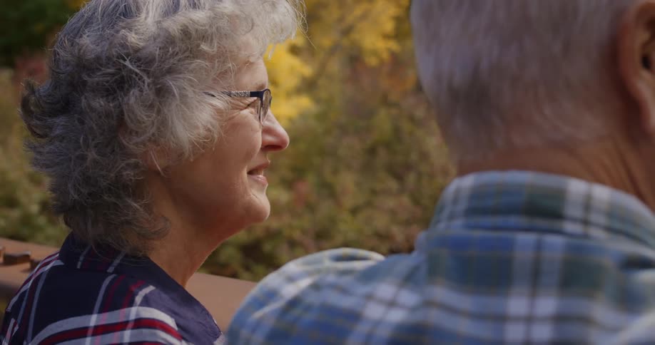 Elderly couple standing on a bridge on a park looking at the nature