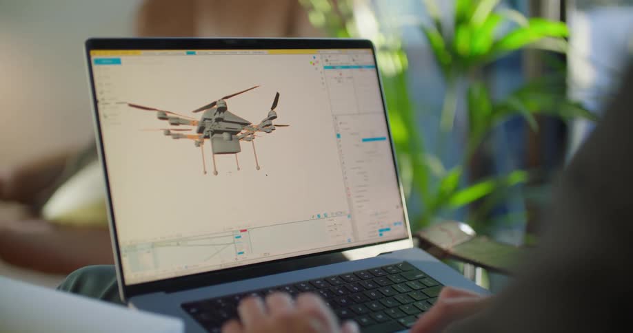 Man working from home designs a drone on a laptop at evening