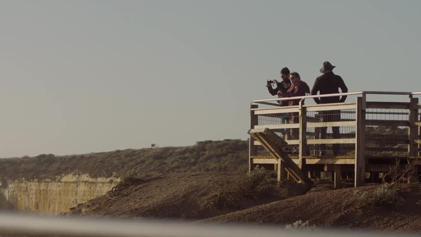 Three people stand on a platform and look at the view then begin to walk away