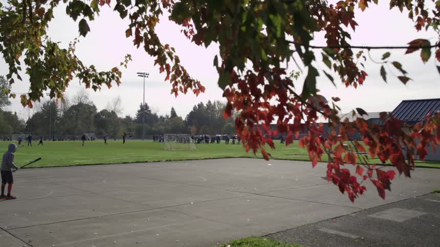 Children fill a grass field in the distance