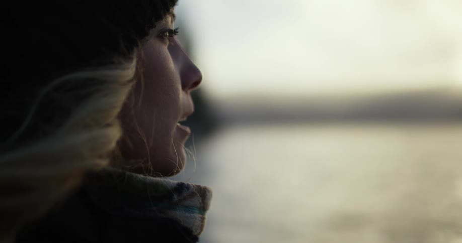 A woman is looking over the water at sunset