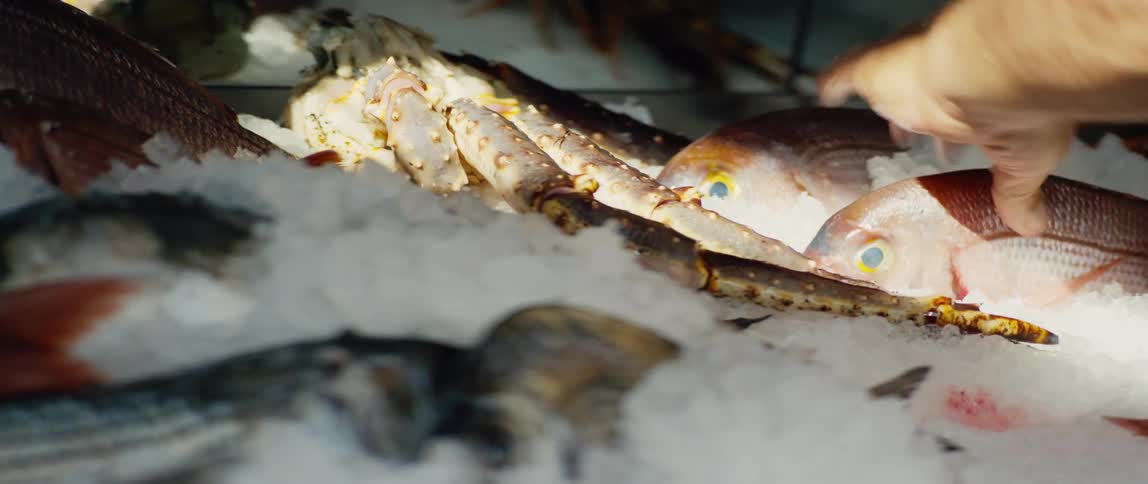 A fish market employee places fish on ice