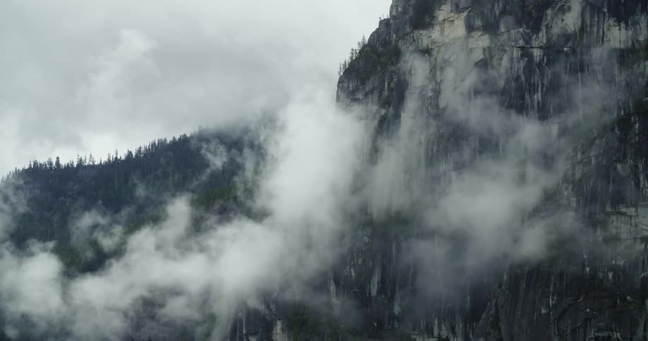 Fog and clouds hang around a sheer cliff face above the tree tops below