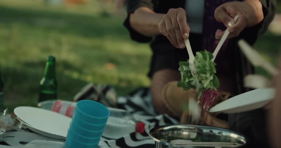 A group of people sit on a blanket in a park and a woman serves salad to them
