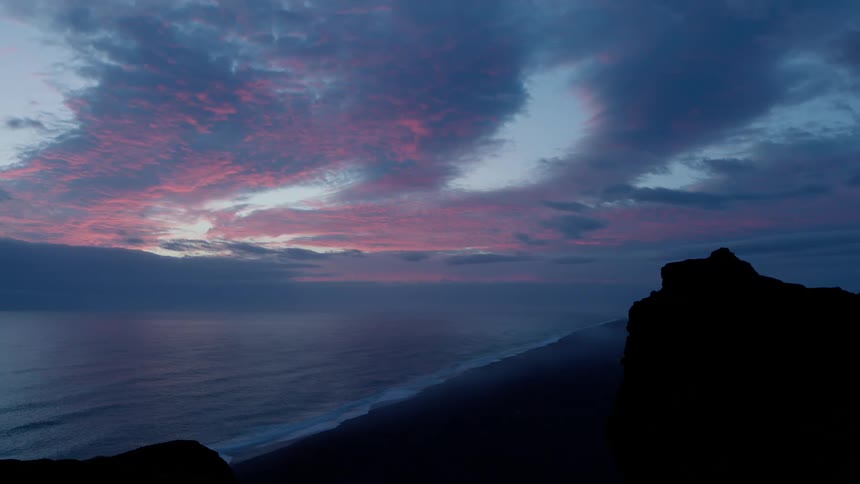 Waves roll into shore as a seagull flies along the coast under a pink and blue sky
