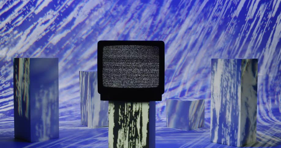 The television is displaying static