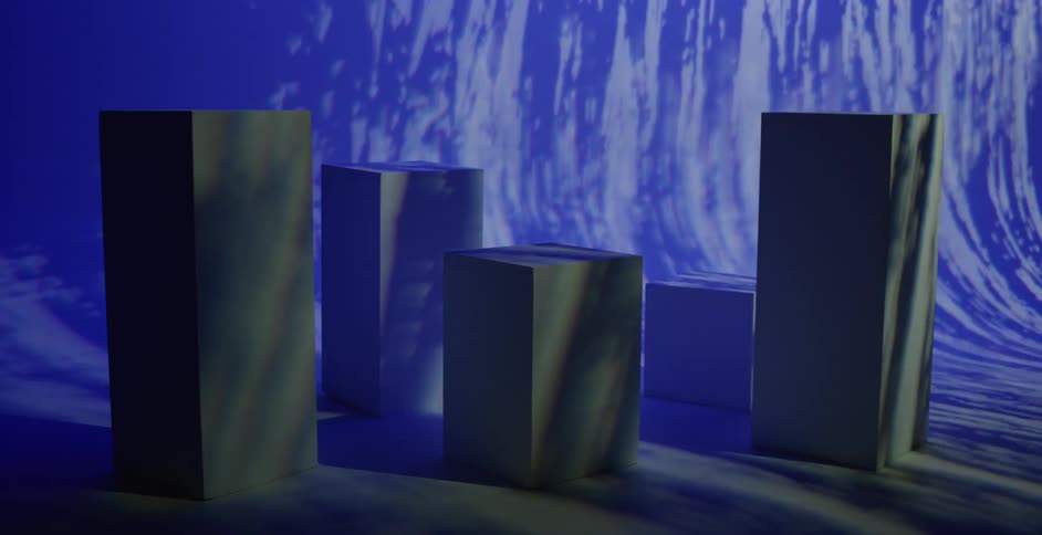 Rectangle shaped boxes are sitting on the floor of an empty room as blue flashing lights shine on the boxes and walls