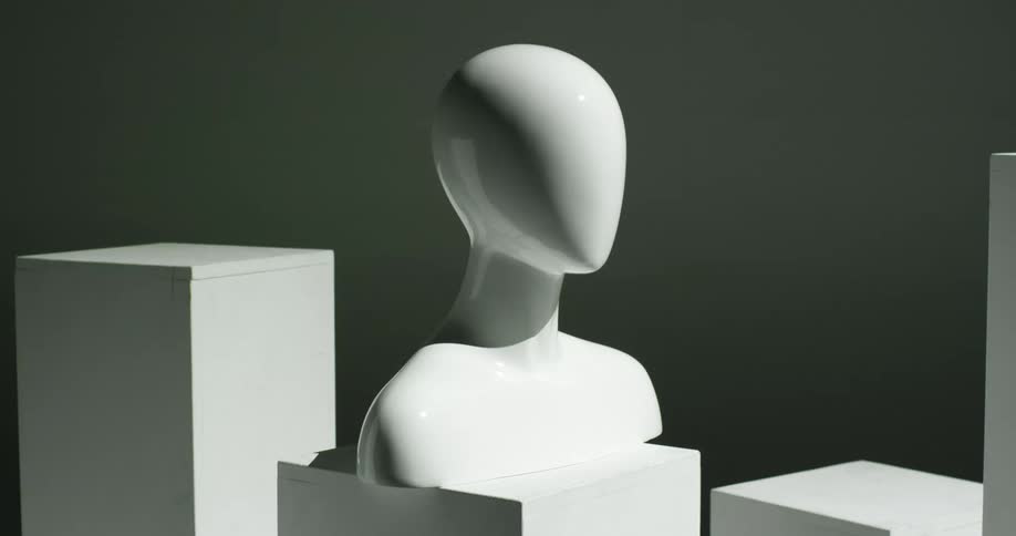 A model of a human head sits on a block of wood