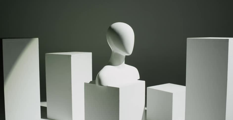 A view of a statue in a room with lights