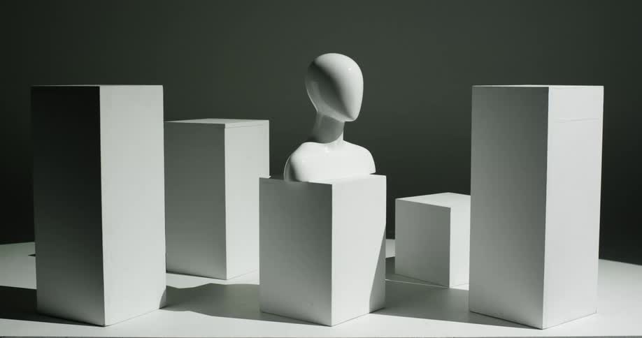 A mannequin head is on the block
