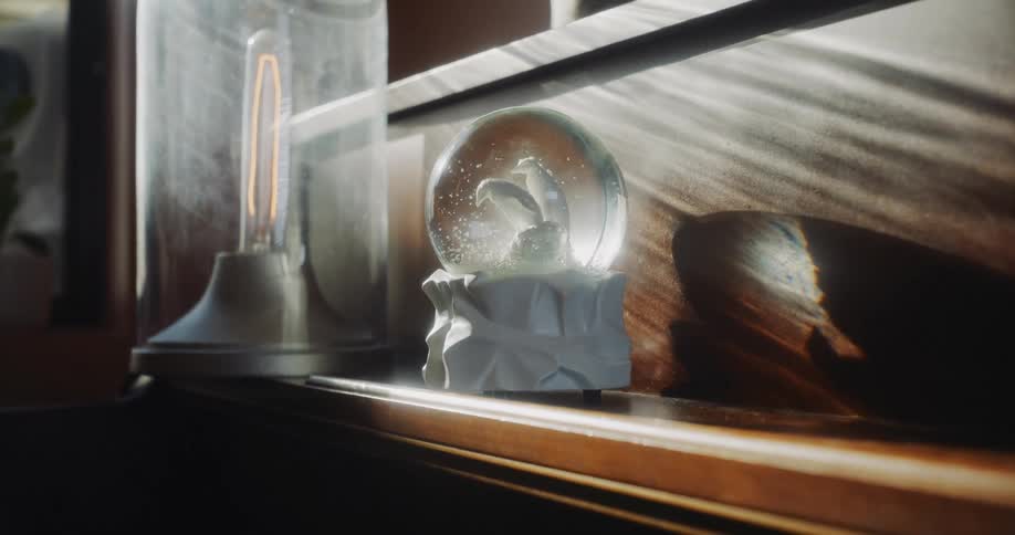 Snow globes sitting on a wooden shelf is displayed