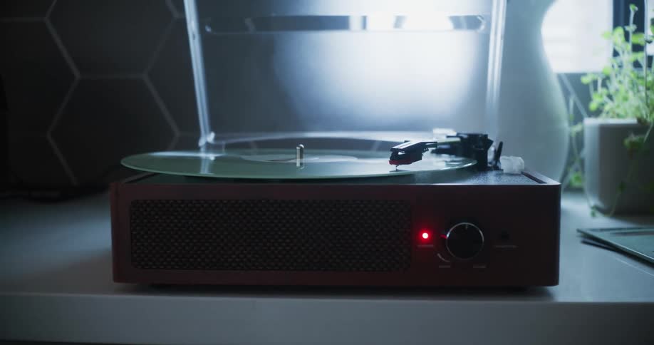 Record player plays vinyl record near small potted plant