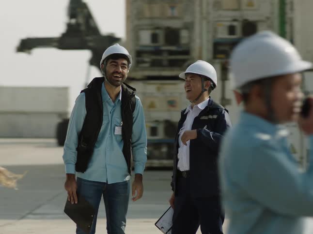 A man congratulates a colleague by touching his shoulder at a shipping yard