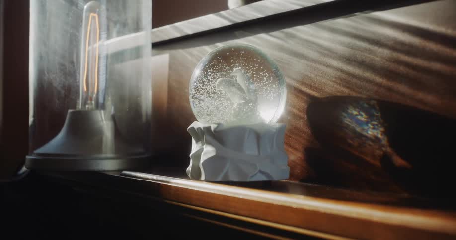 Snow globes and ornaments are displayed on a shelf