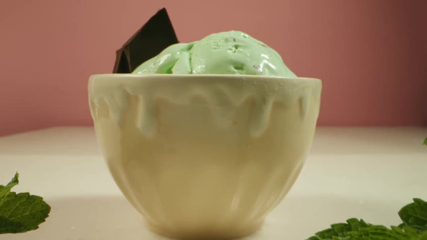 A bowl of mint chocolate chip ice cream is on display